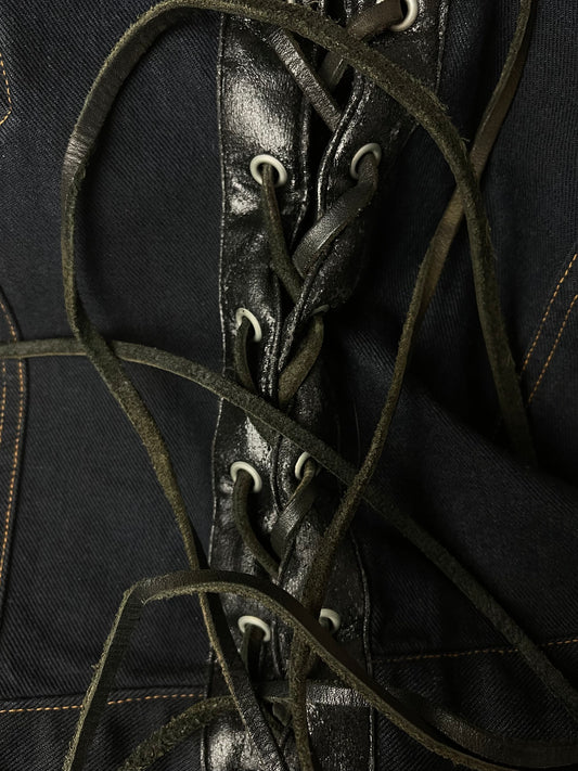 Kadoya Leather Tasselled Raw Blue Biker Denim Vest