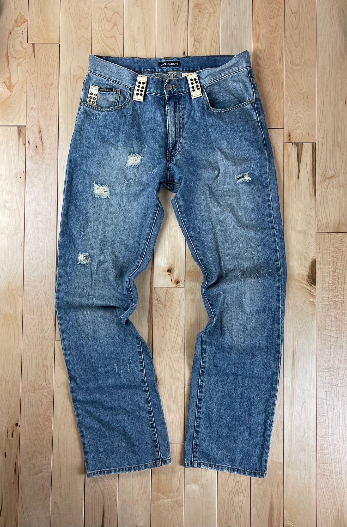 Dolce & Gabbana Leather Detailed Washed Blue Boot Cut Denim