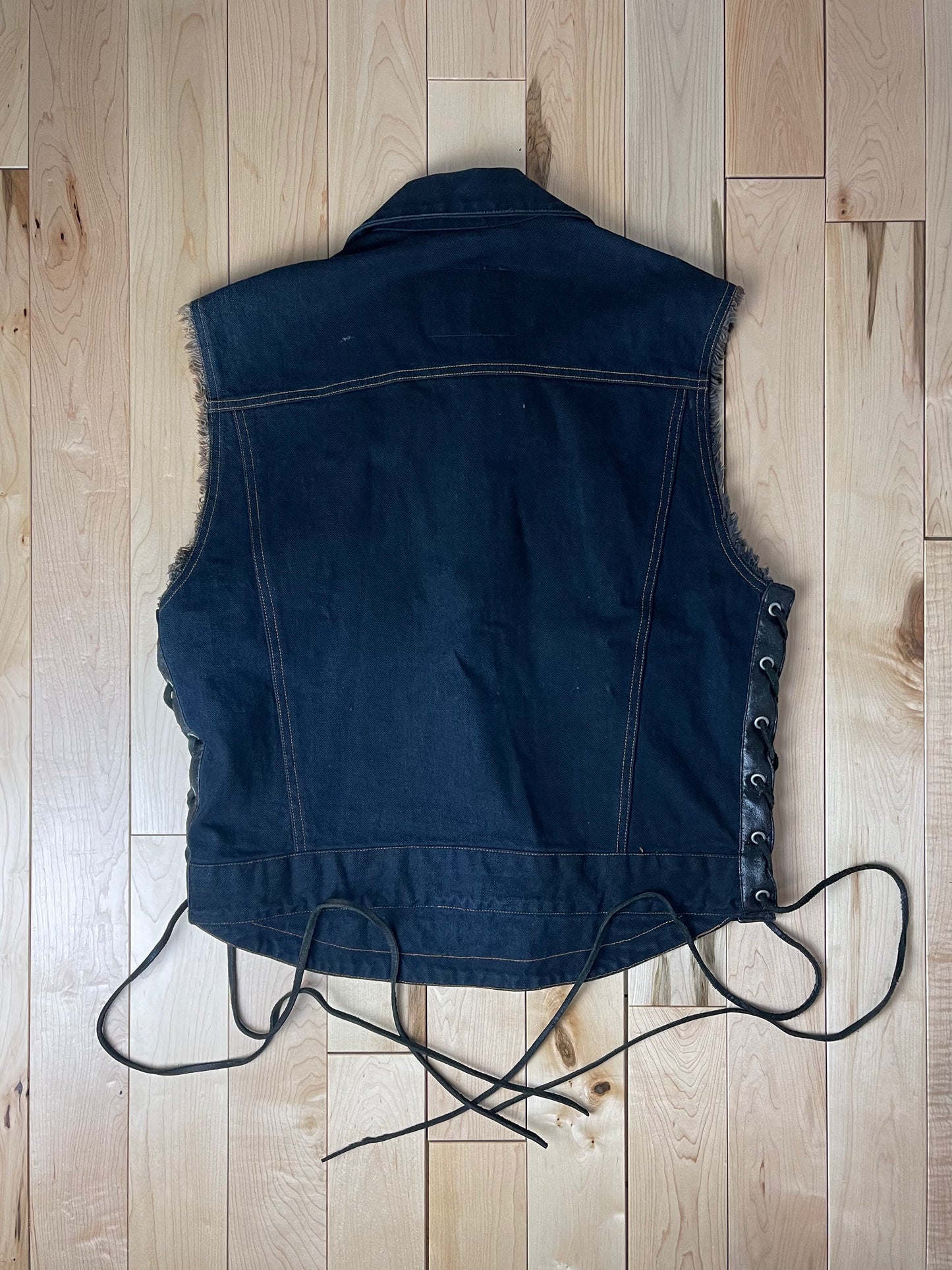 Kadoya Leather Tasselled Raw Blue Biker Denim Vest