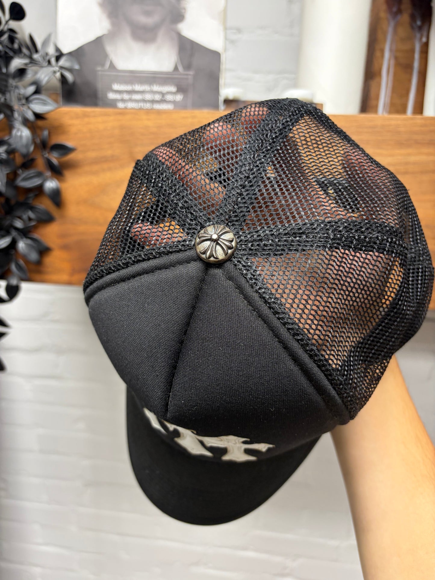 Vintage 90s Chrome Hearts Black/White Leather ‘Cemetery’ Cross Patch Trucker Hat
