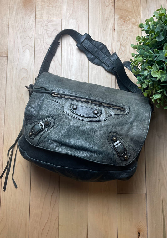 Balenciaga City Crossbody Gray Leather Flap Closure Sling Bag