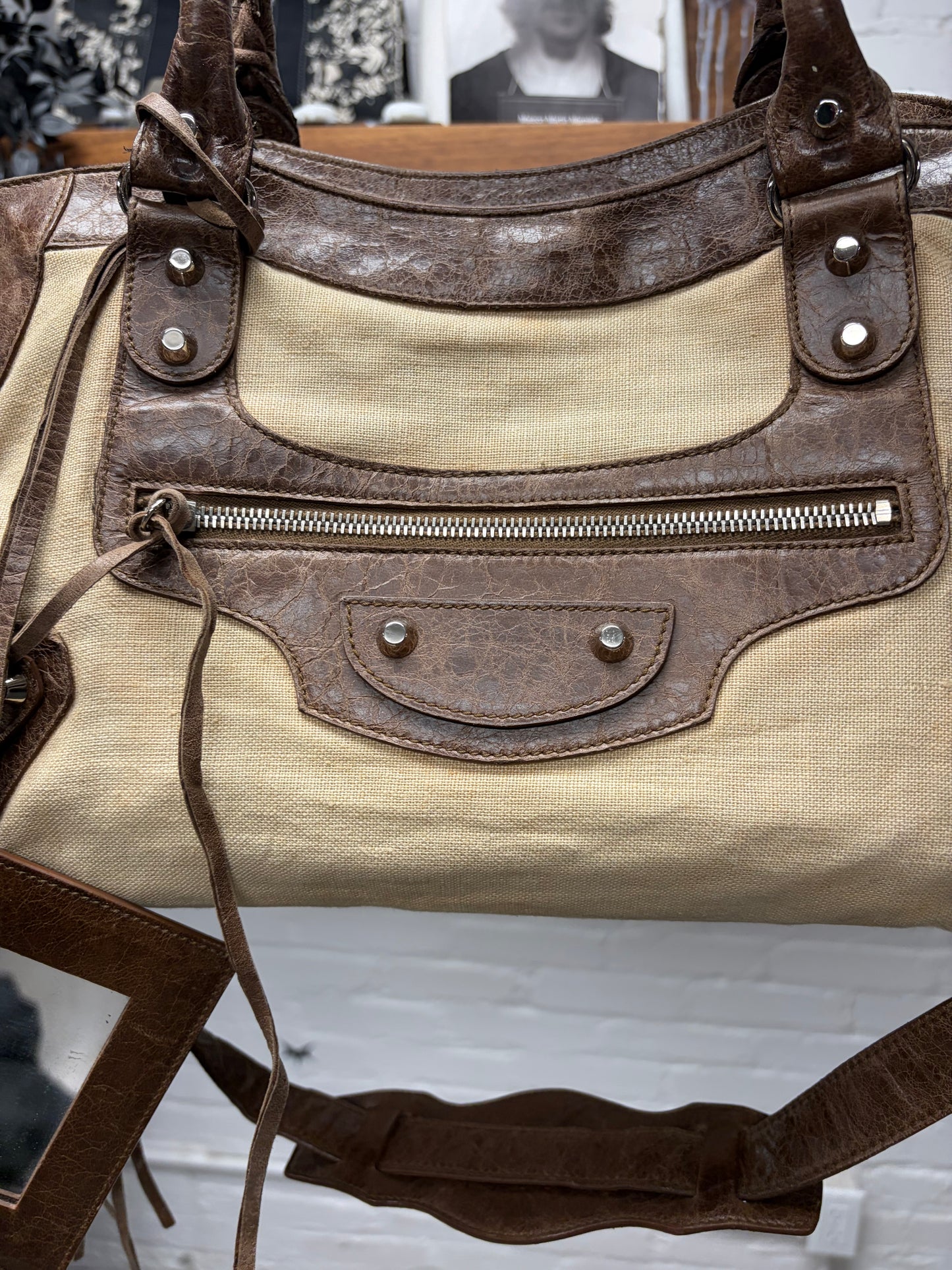 Balenciaga Brown Natural Linen/Leather ‘City Bag’ With Crossbody Strap
