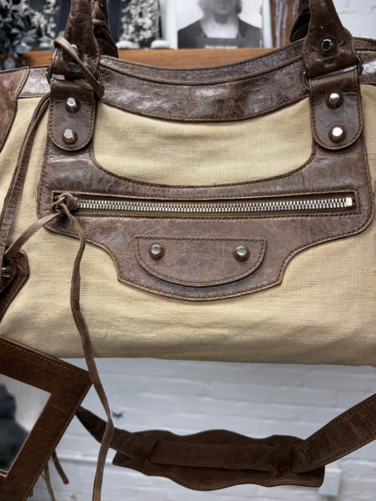 Balenciaga Brown Natural Linen/Leather ‘City Bag’ With Crossbody Strap