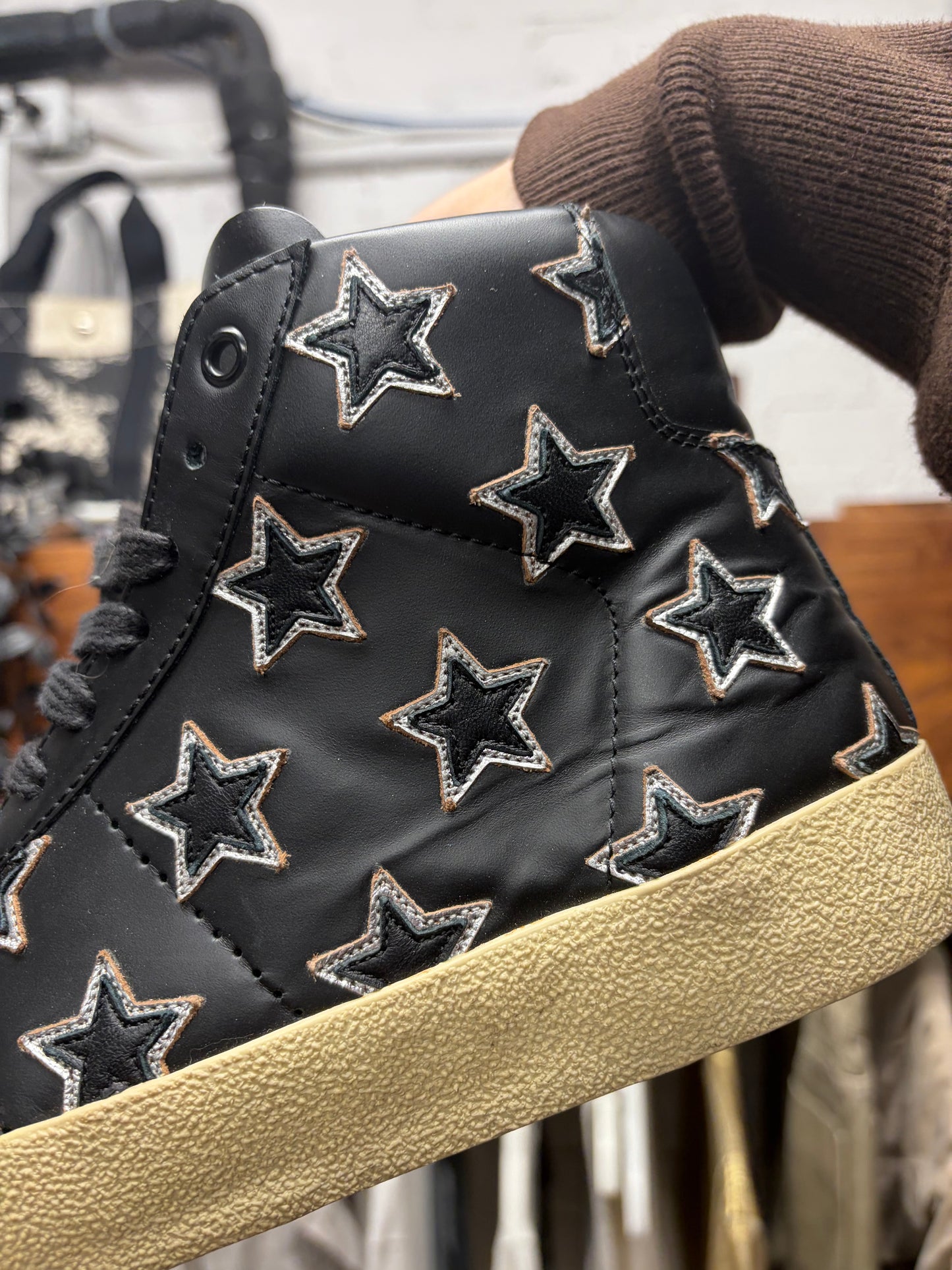 Saint Laurent ‘Star Appliqué’ Black Leather High Top Sneakers