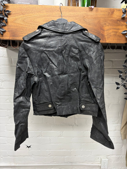 Dolce and Gabbana Cropped Black Lambskin Leather Biker Jacket with Floral Liner