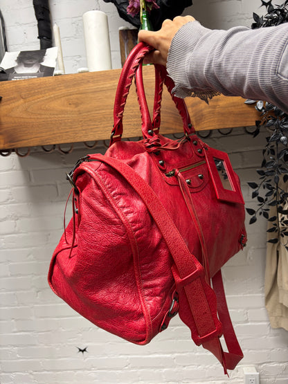 Balenciaga Red Lambskin Leather ‘XL City Bag’ with Crossbody Strap