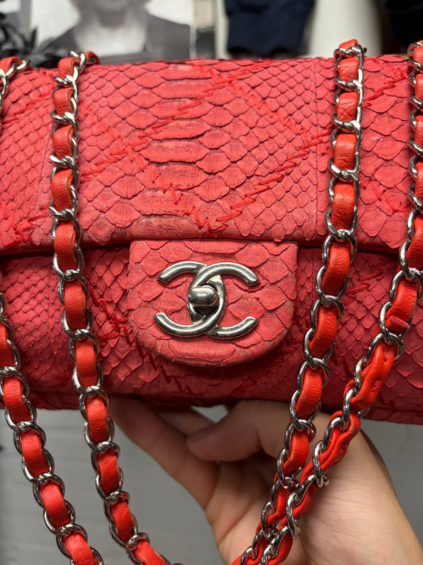 Chanel Red Python Leather Classic ‘Flap Bag’ with Silver Hardware
