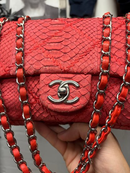 Chanel Red Python Leather Classic ‘Flap Bag’ with Silver Hardware