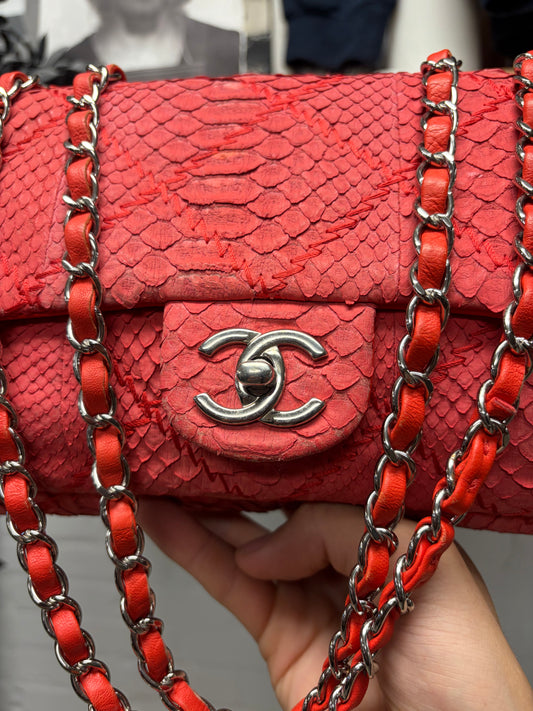 Chanel Red Python Leather Classic ‘Flap Bag’ with Silver Hardware