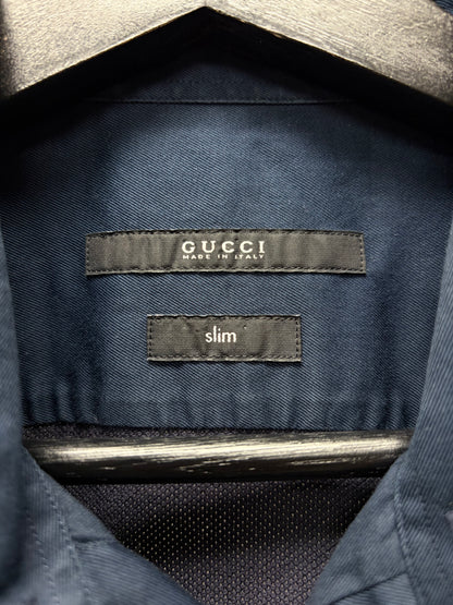 Gucci ‘Striped Collar’ Navy Blue Cotton Short Sleeve Button Up Shirt