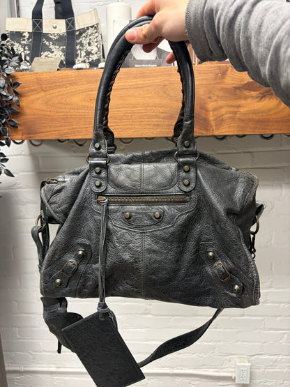 Balenciaga Classic Aged Black/Silver Hardware ‘City Bag’ with Crossbody Strap