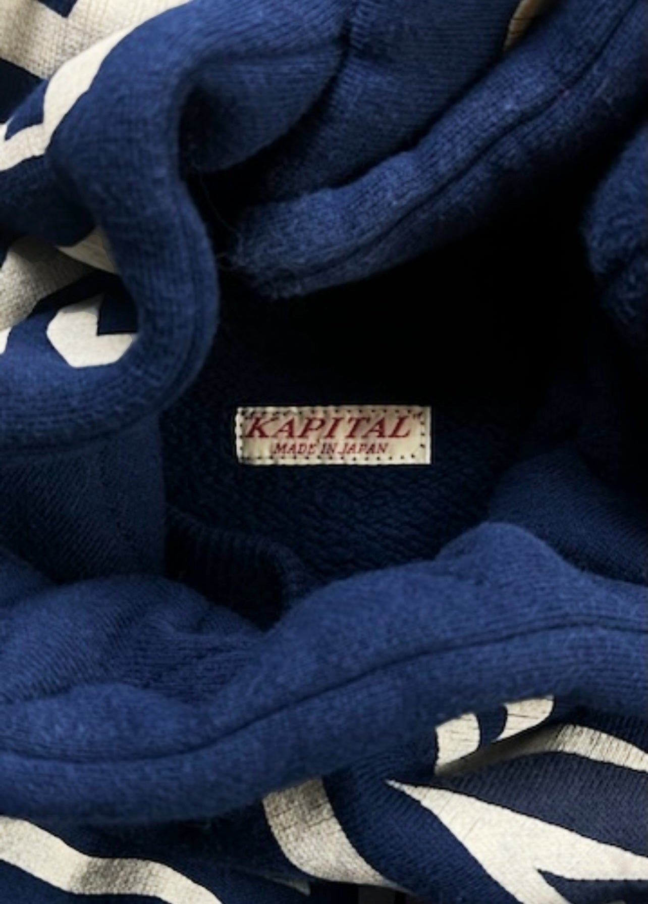 Spring Summer 2023 Kapital ‘Scarf Hood’ Varsity Logo Pullover Sweater.