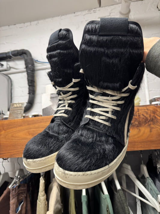 Rick Owens ‘Pony Hair’ Black/Milk ‘Geobasket’ High Top Sneakers