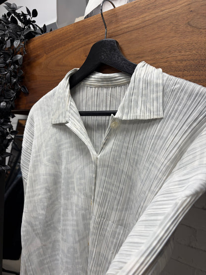 Issey Miyake Pleats Please White Pleated Long Sleeve Polo