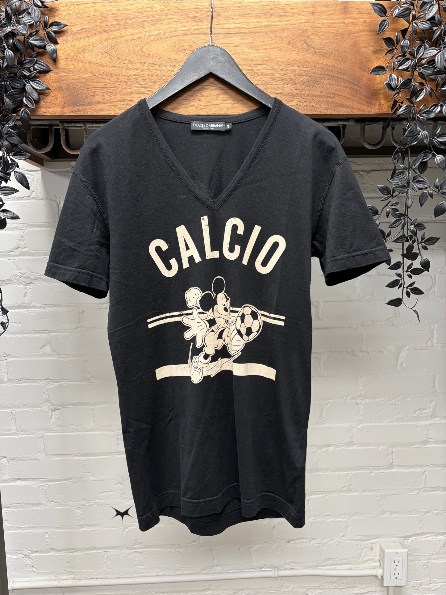 2000s Dolce & Gabbana ‘Mickey Mouse’ Black Cotton V-Neck Shirt