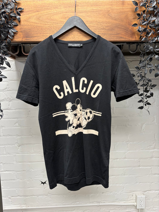 2000s Dolce & Gabbana ‘Mickey Mouse’ Black Cotton V-Neck Shirt