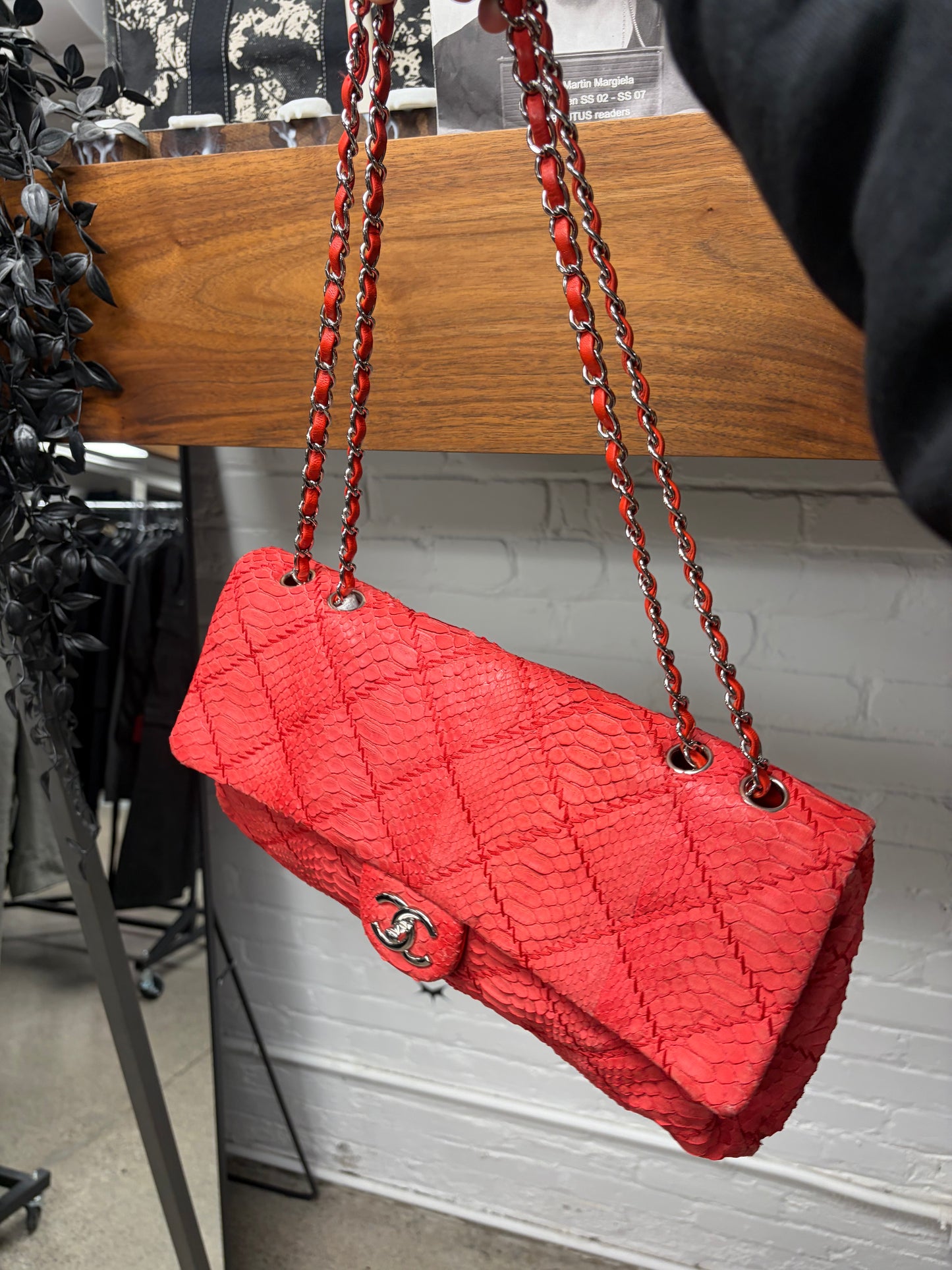 Chanel Red Python Leather Classic ‘Flap Bag’ with Silver Hardware