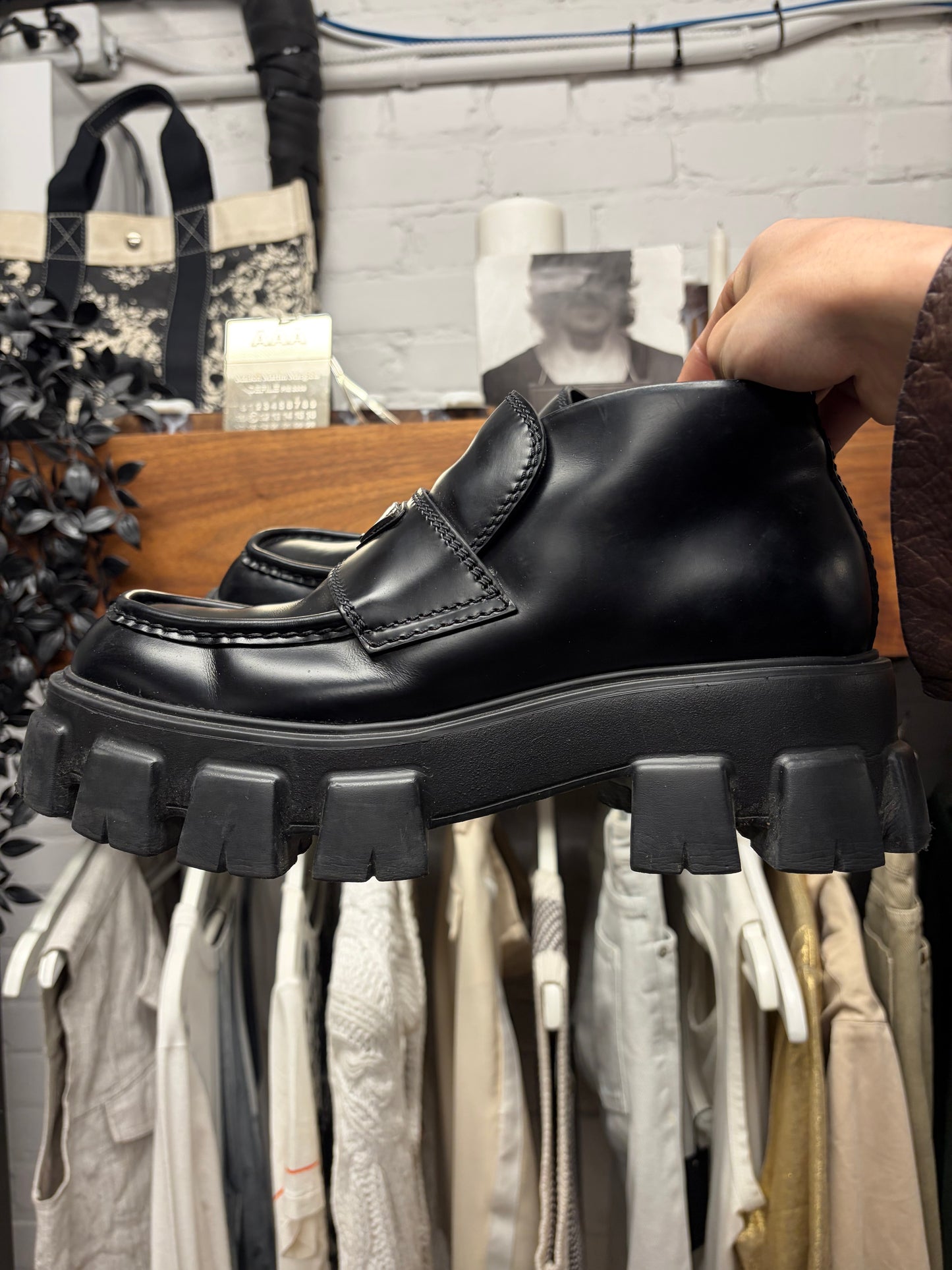 Prada ‘Monolith’ Black Leather Lug Sole Derbys