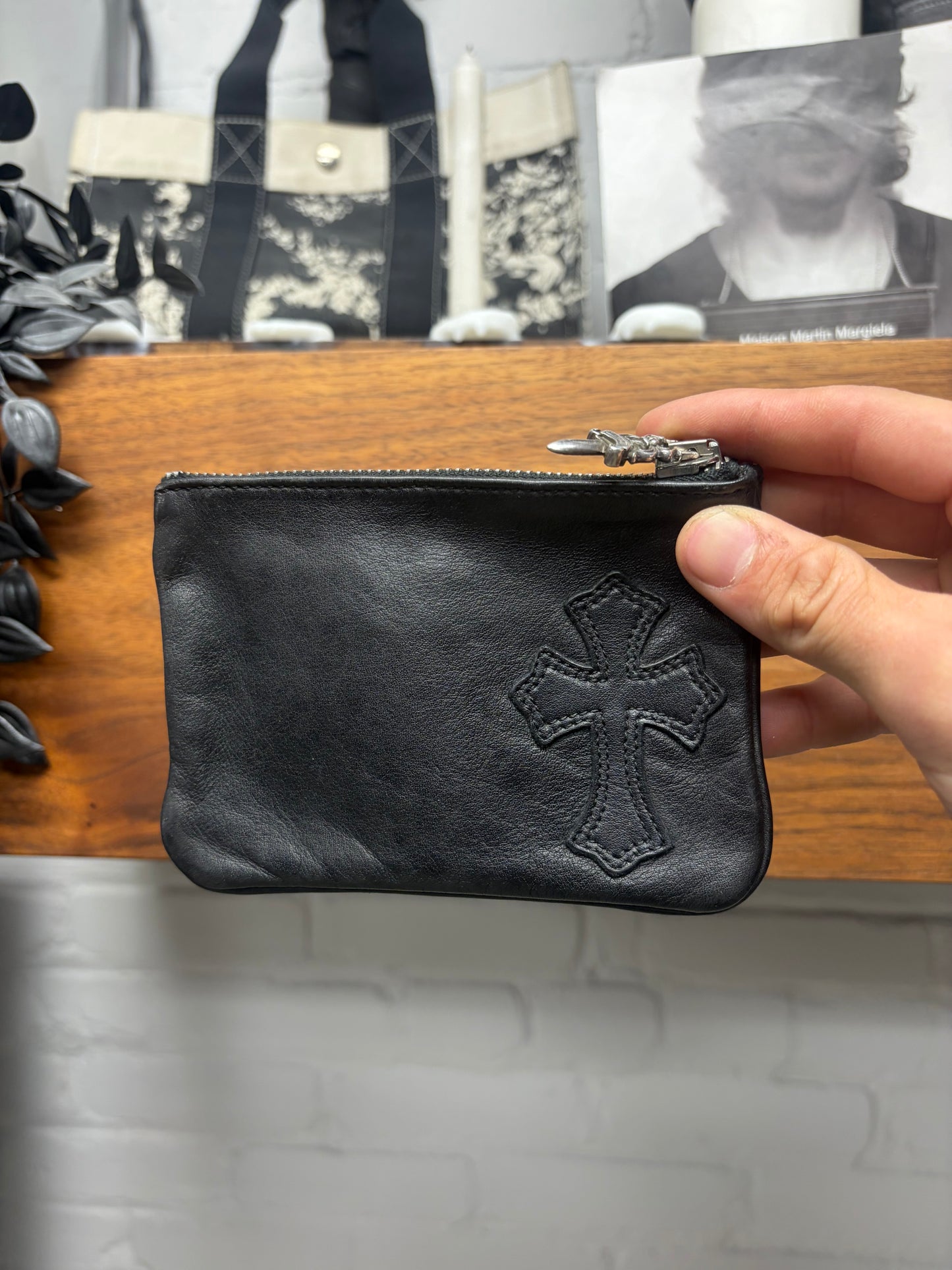 Chrome Hearts Black Leather Cross Patch Dagger Zip Wallet