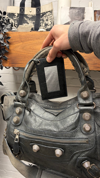 Balenciaga Faded Grey Lambskin Leather ‘Giant 21’ City Bag with Silver Hardware & Crossbody Strap