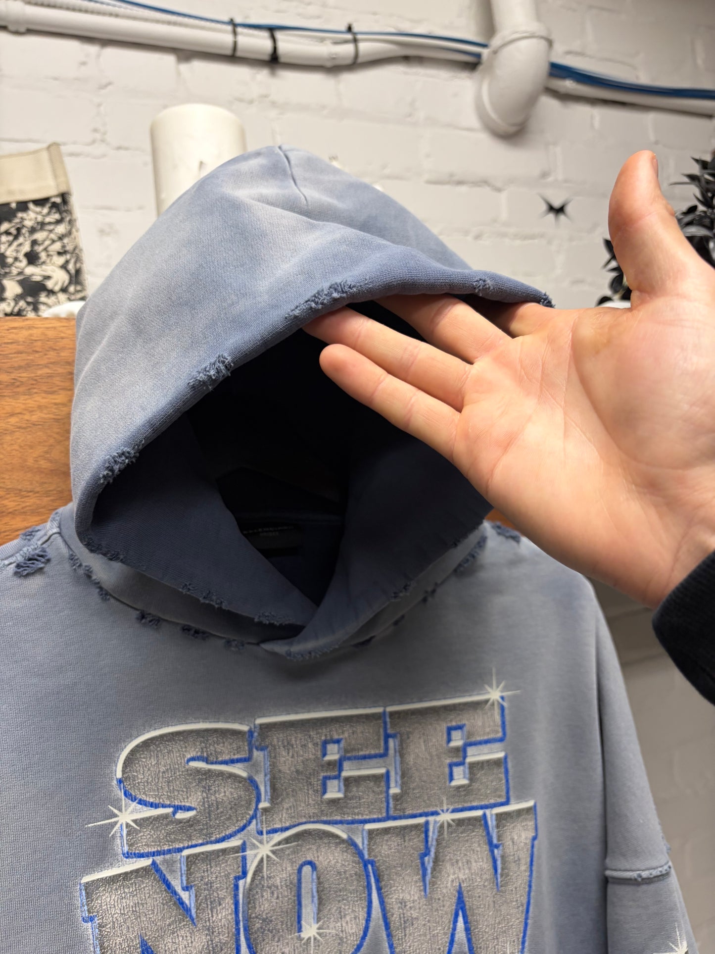 SS2024 Balenciaga ‘See Now Buy Now’ Distressed Blue Pullover Hoodie