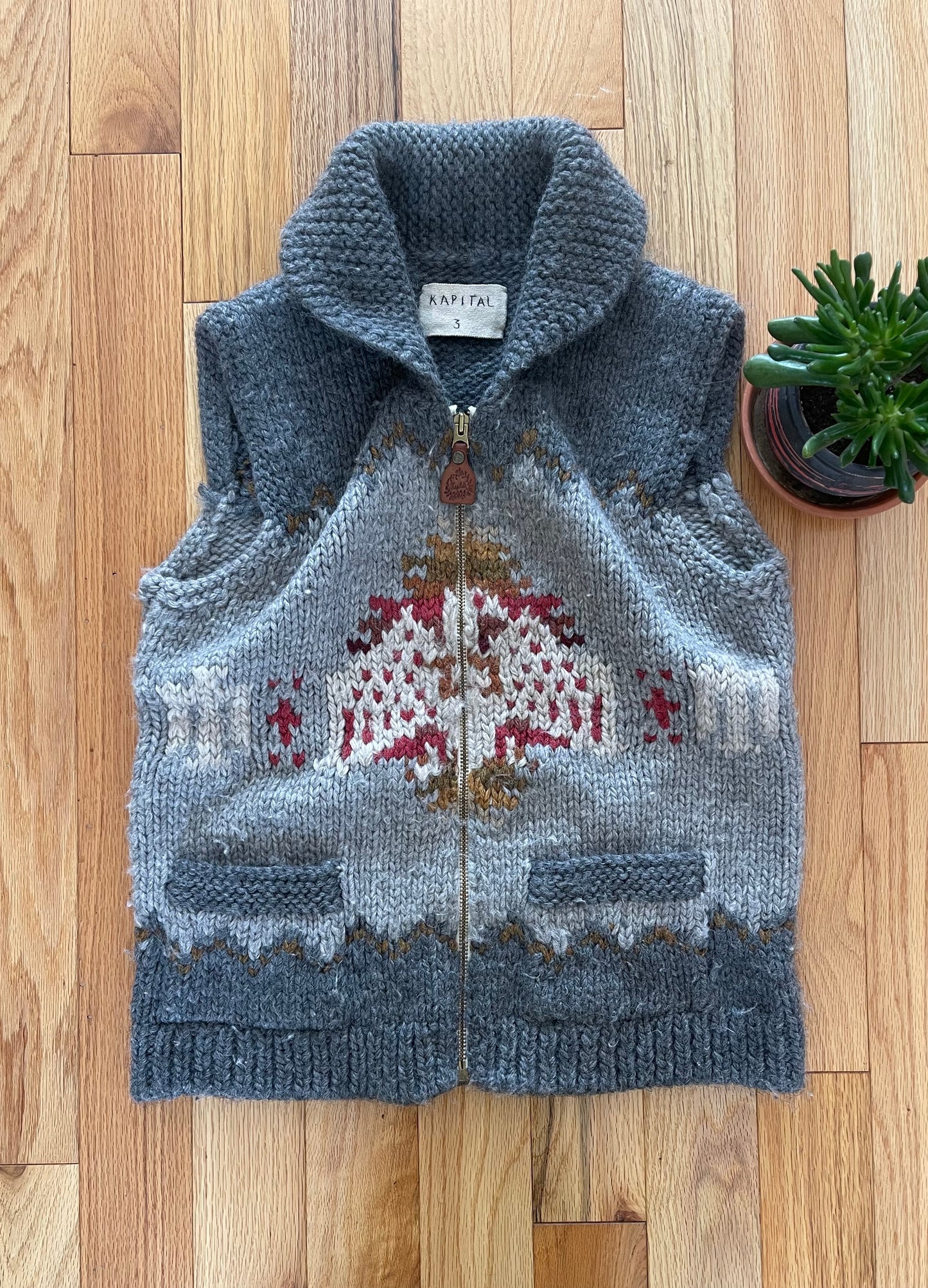 Kapital Wool Knit Mushroom Cowichan Zip Up Vest