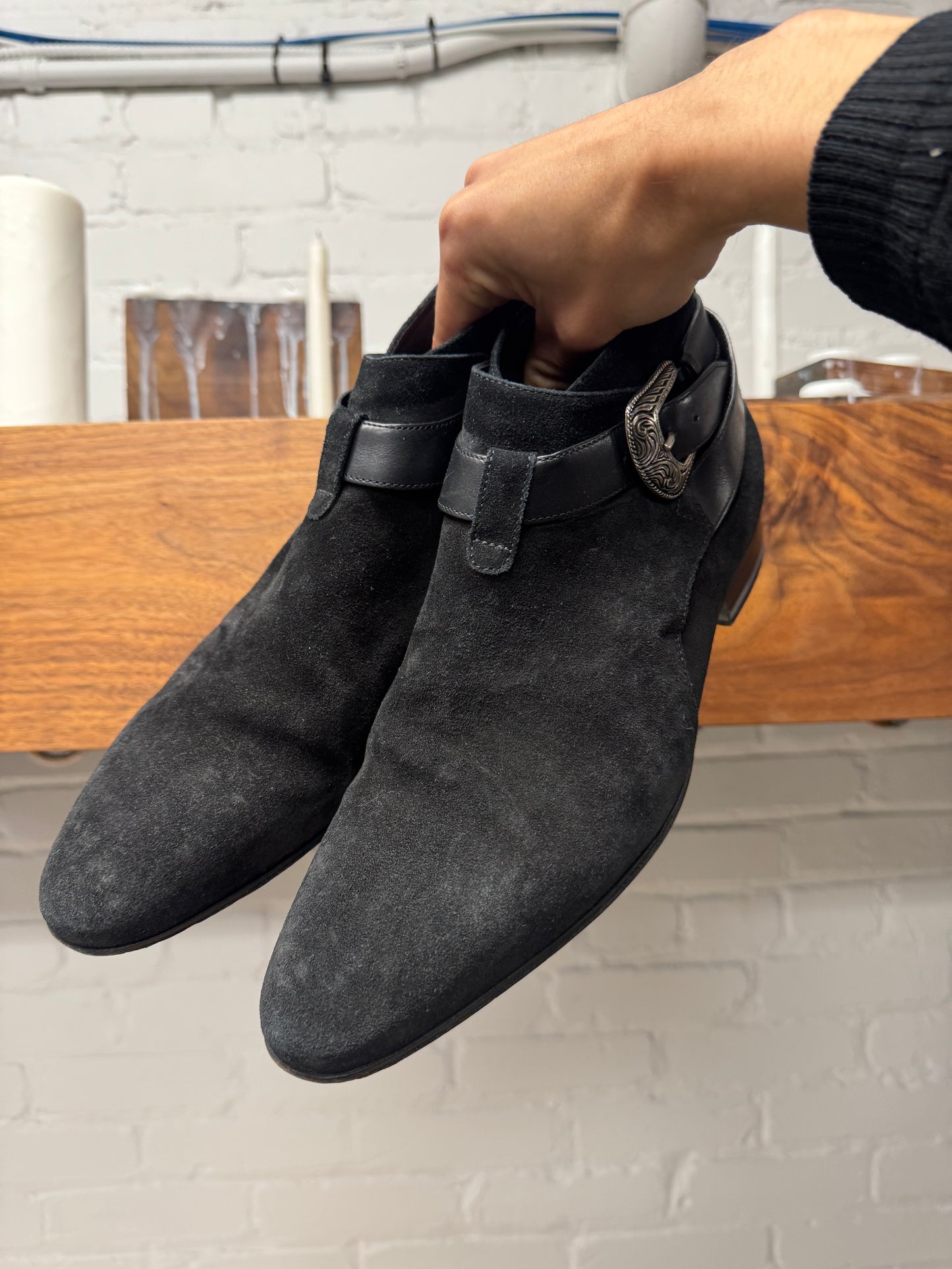 Saint Laurent ‘Jodhpur’ Western Buckle Black Suede Ankle Boots