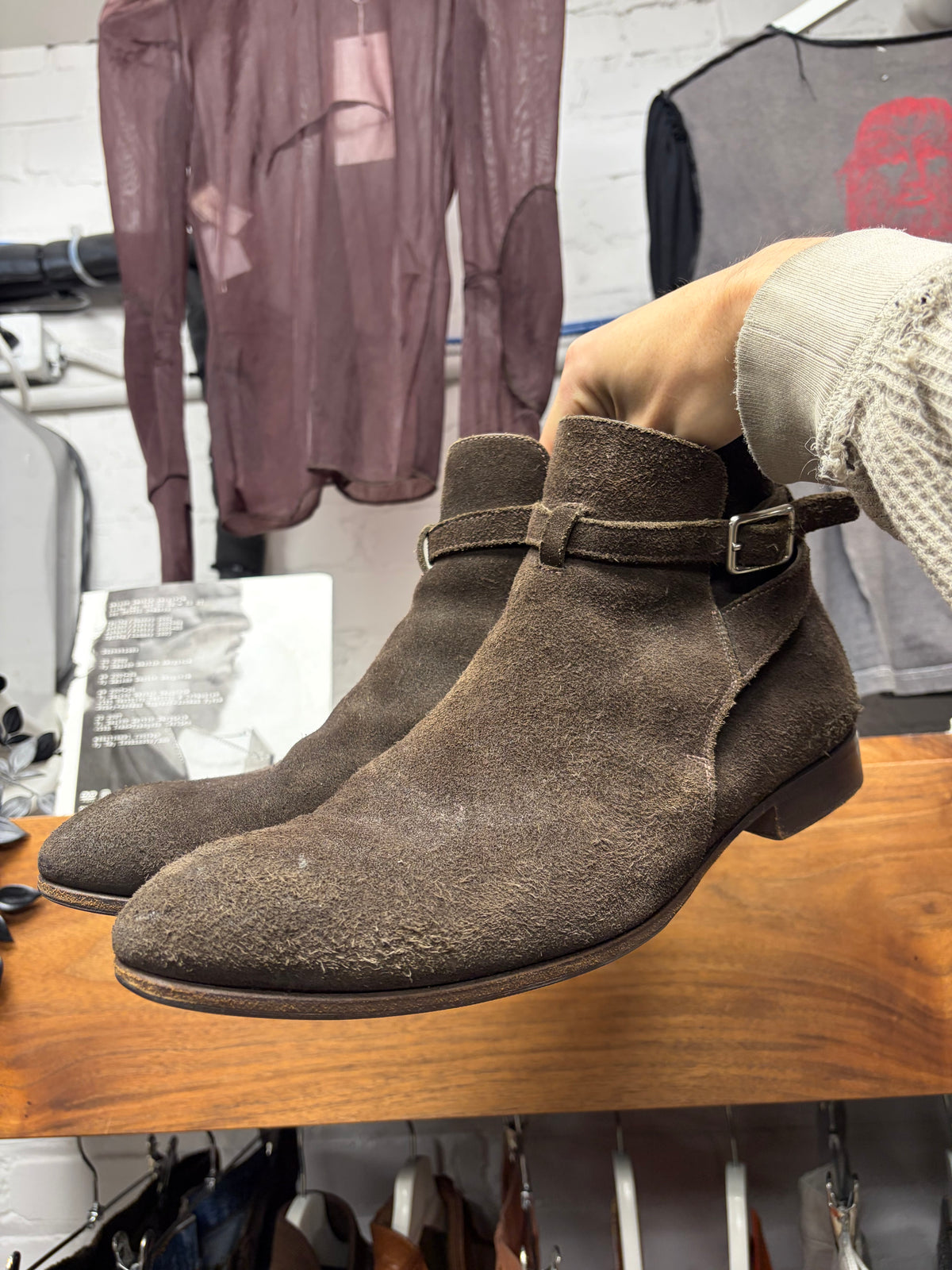 Prada Dark Brown Suede ‘Jodhpur’ Buckle Strap Ankle Cut Chelsea Boots