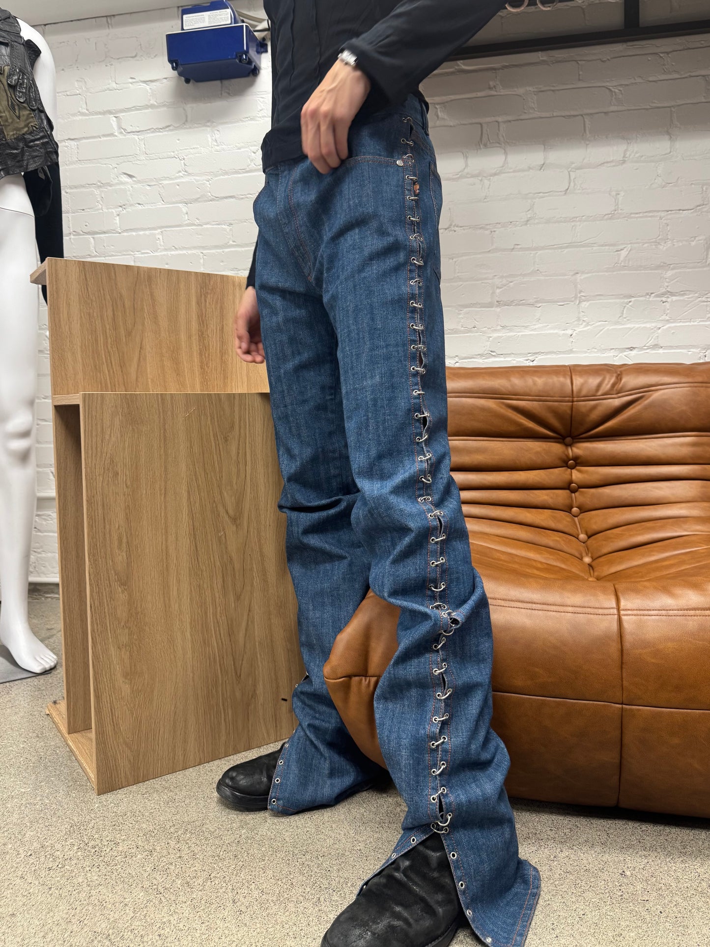 AW2003 Jean Paul Gaultier ‘Chain Mail’ Piercing Blue Bootcut Denim
