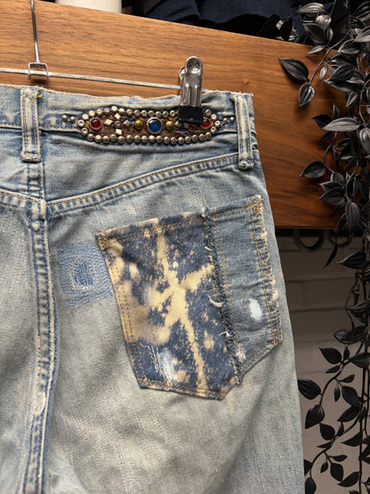 Kapital Custom Order 1/1 Gemstone Studded + Sashiko Repaired Flared Jeans