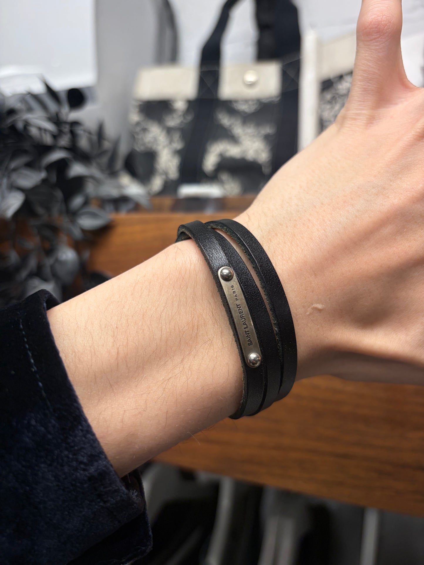 Saint Laurent Triple Wrapped Leather/Silver Bracelet