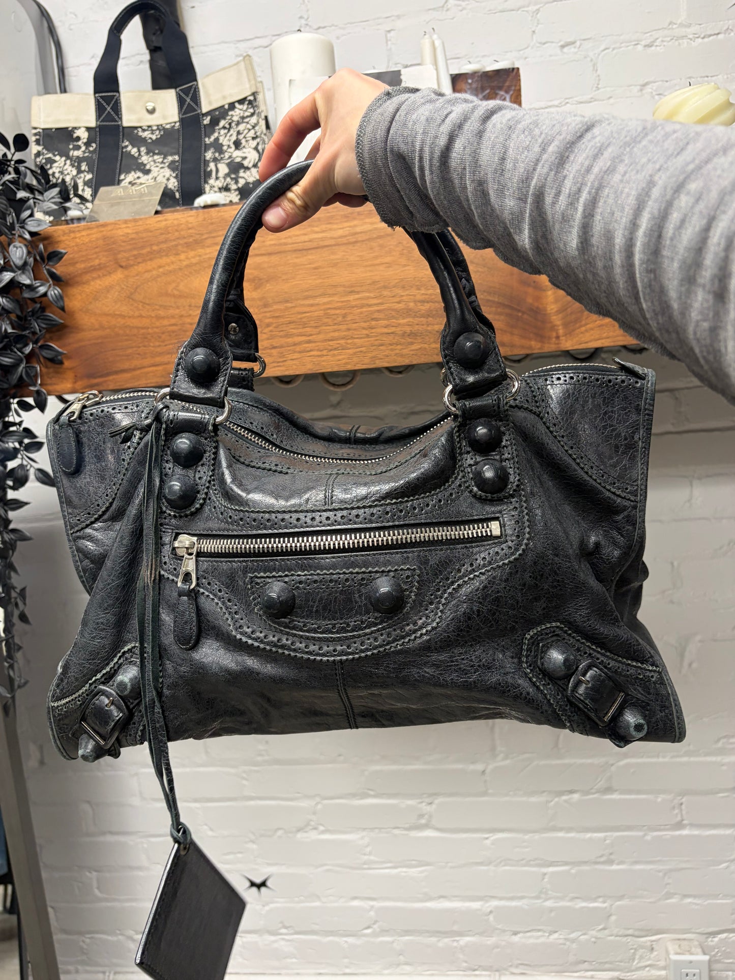 Balenciaga ‘Brogue’ Black Perforated Leather Classic ‘City Bag’ with Silver Hardware