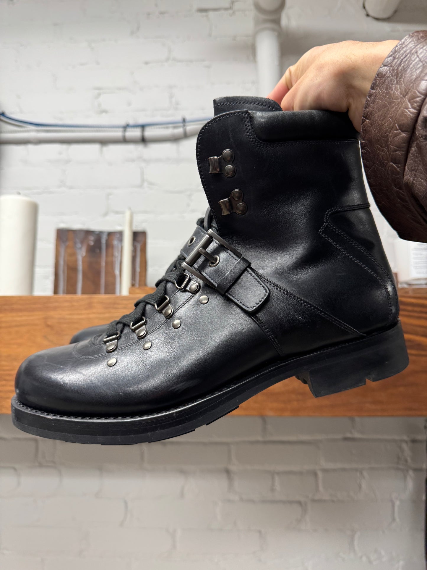 Prada Calfskin Leather ‘Hiking’ Buckle Strap Ankle Boots
