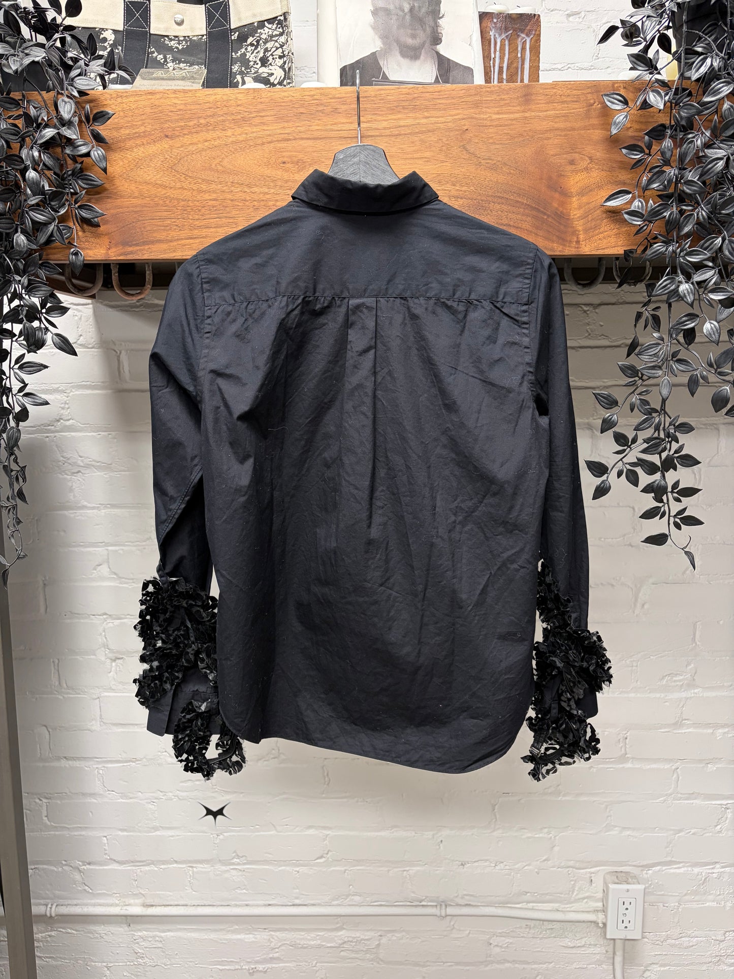 SS2017 Noir Kei Comme Des Garçons Black Collared Shirt with Leather Ruffled Sleeve Detailing