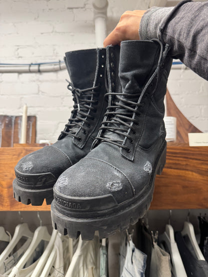 AW2022 Balenciaga Distressed Black Canvas ‘Strike’ Combat Boots
