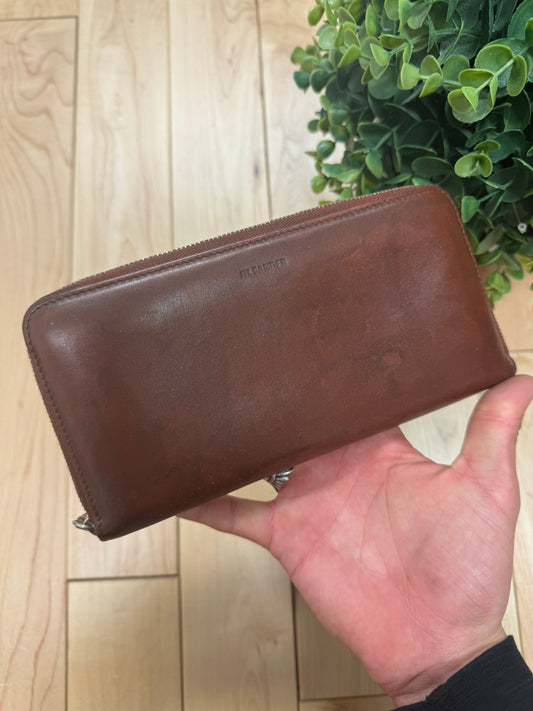 Jil Sander Embossed Logo Brown Leather Long Wallet