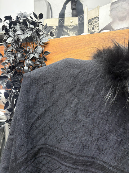 2000s Gucci Genuine Fox Fur Trim GG Monogram Black Scarf