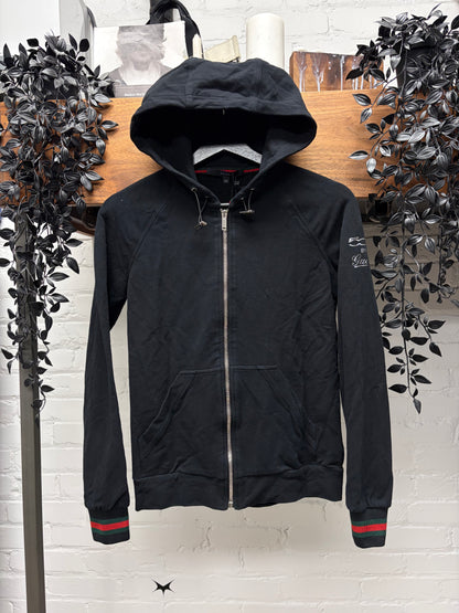 2010s Gucci ‘Stripe Logo’ Ribbed Cuff Black Zip-Up Hoodie