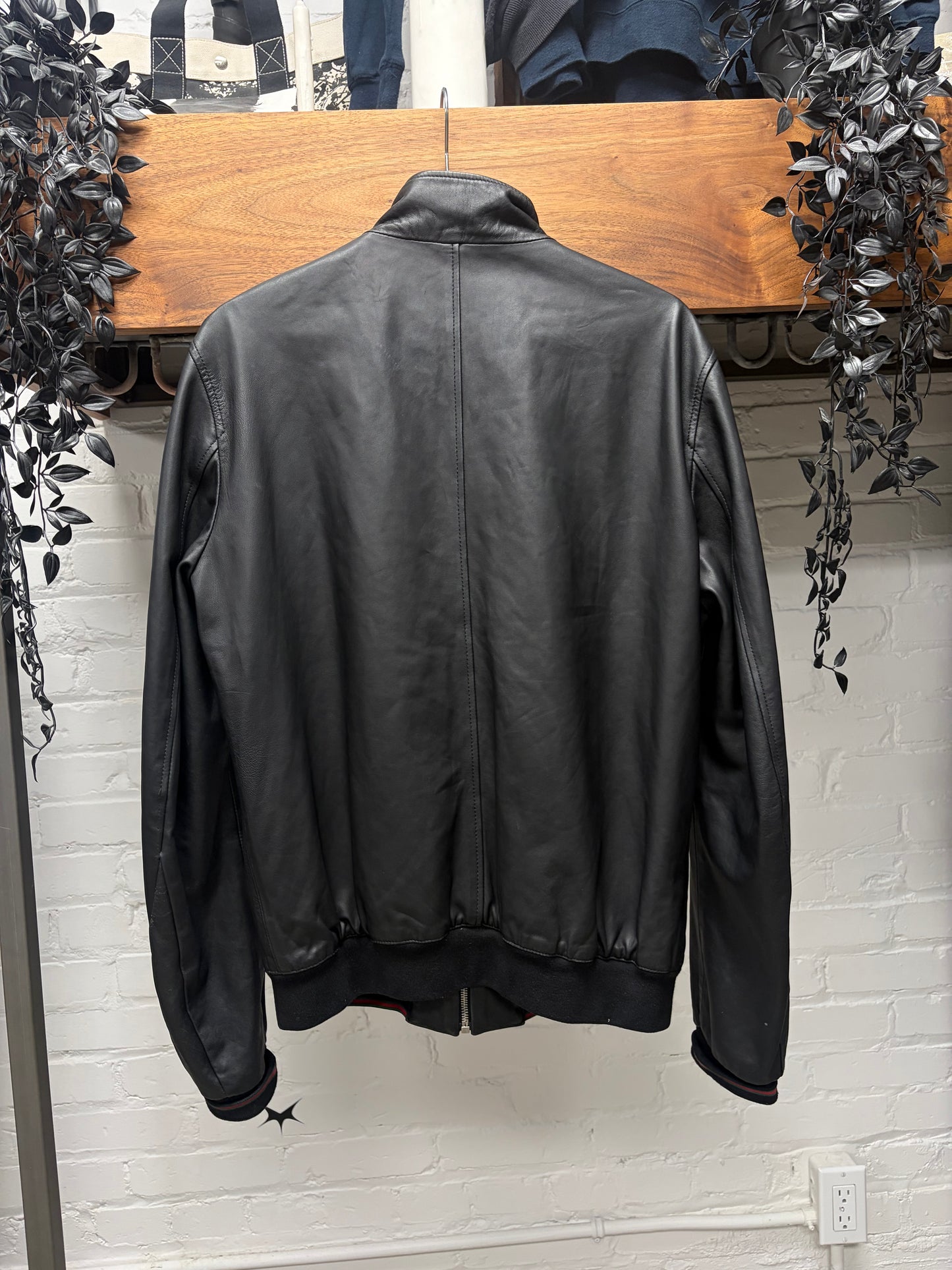 2000s Gucci ‘Crest Badge’ Black Leather Moto-Jacket with Ribbed Cuff Detailing