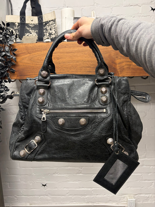 Balenciaga ‘Giant 21’ Tumbled Black Leather ‘City Bag’ with Silver Hardware