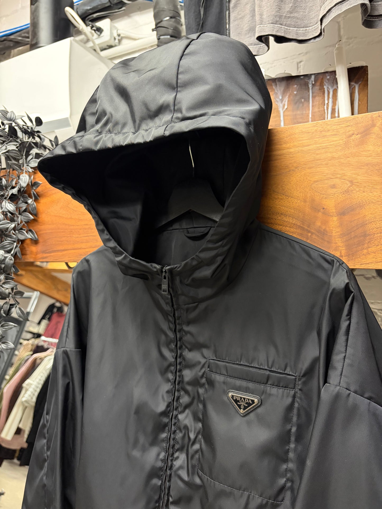 Prada Saffiano Logo Cropped Black Nylon Hooded Windbreaker