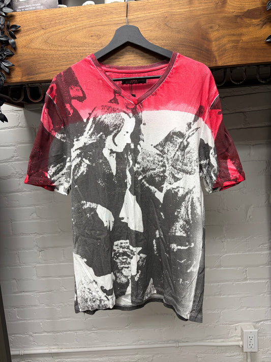Raf by Raf Simons Bleach Dyed ‘Full Art’ Red/White V-Neck Graphic T-Shirt