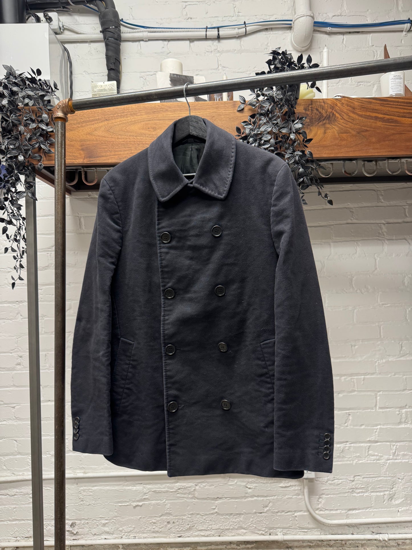 Helmut Lang ‘Plum’ Faded Black Moleskin Double Breasted Coat