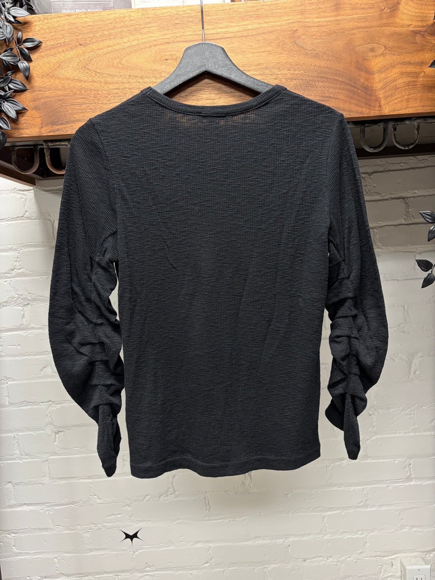 Ann Demeulemeester Ruched Sleeve Ribbed Cotton Black Shirt