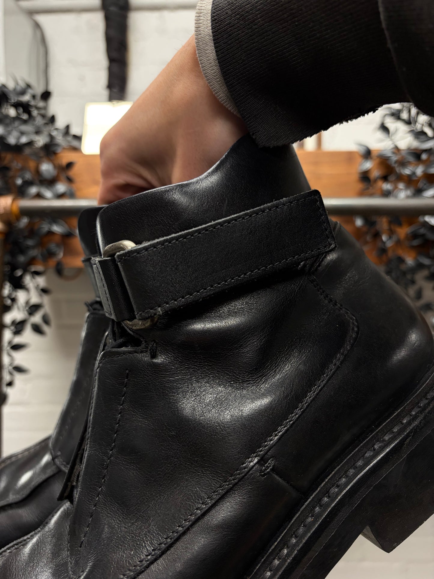 Prada Black Square Toe Black Leather Ankle Strap Boots