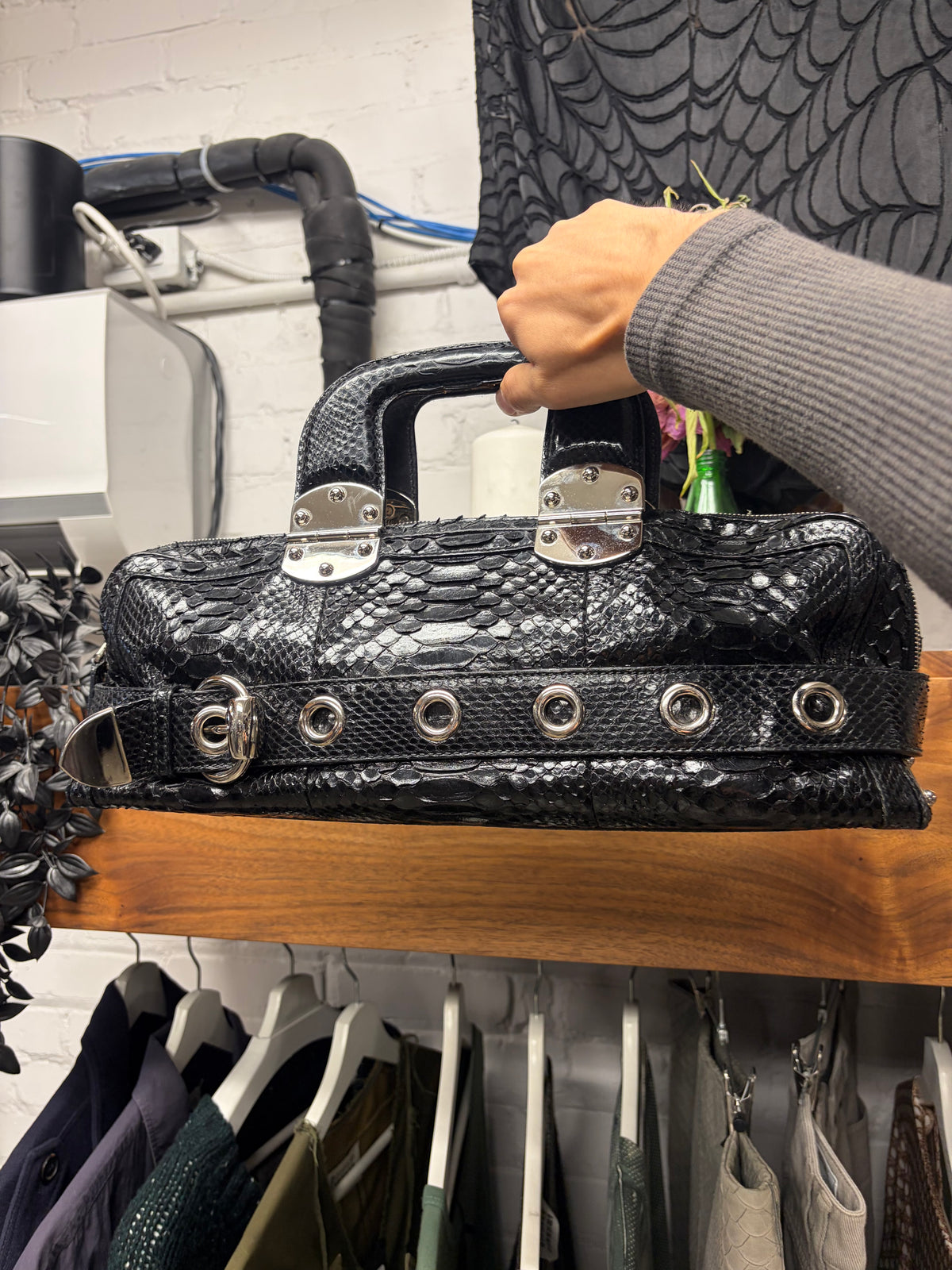 SS2007 Gucci by Frida Giannini Black Genuine Python Leather ‘Romy’ Top Handle Bag with Silver Grommet Belt