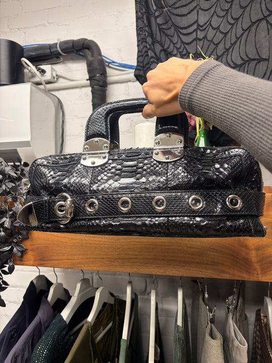 SS2007 Gucci by Frida Giannini Black Genuine Python Leather ‘Romy’ Top Handle Bag with Silver Grommet Belt