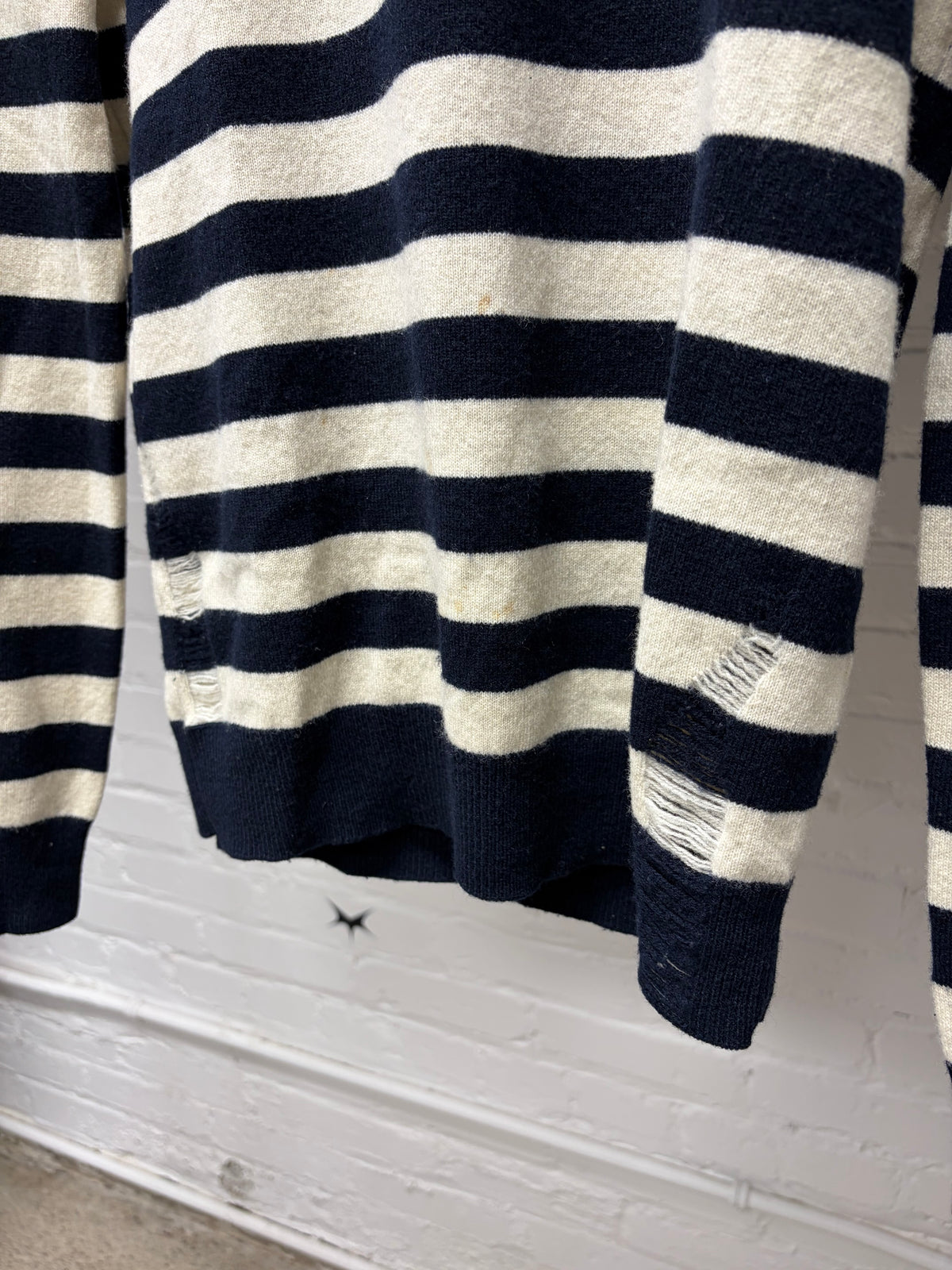 2016 Saint Laurent by Hedi Slimane Distressed Cashmere Navy/White Knit Sweater