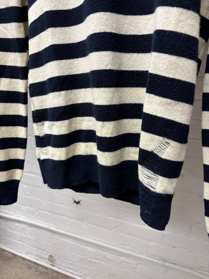 2016 Saint Laurent by Hedi Slimane Distressed Cashmere Navy/White Knit Sweater