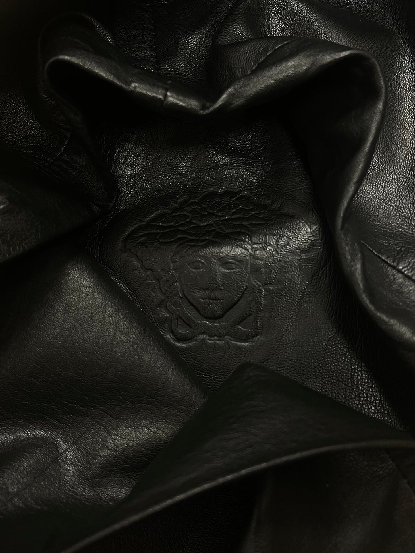 Vintage Versace Calfskin Leather Medusa Logo Flared Leather Pants